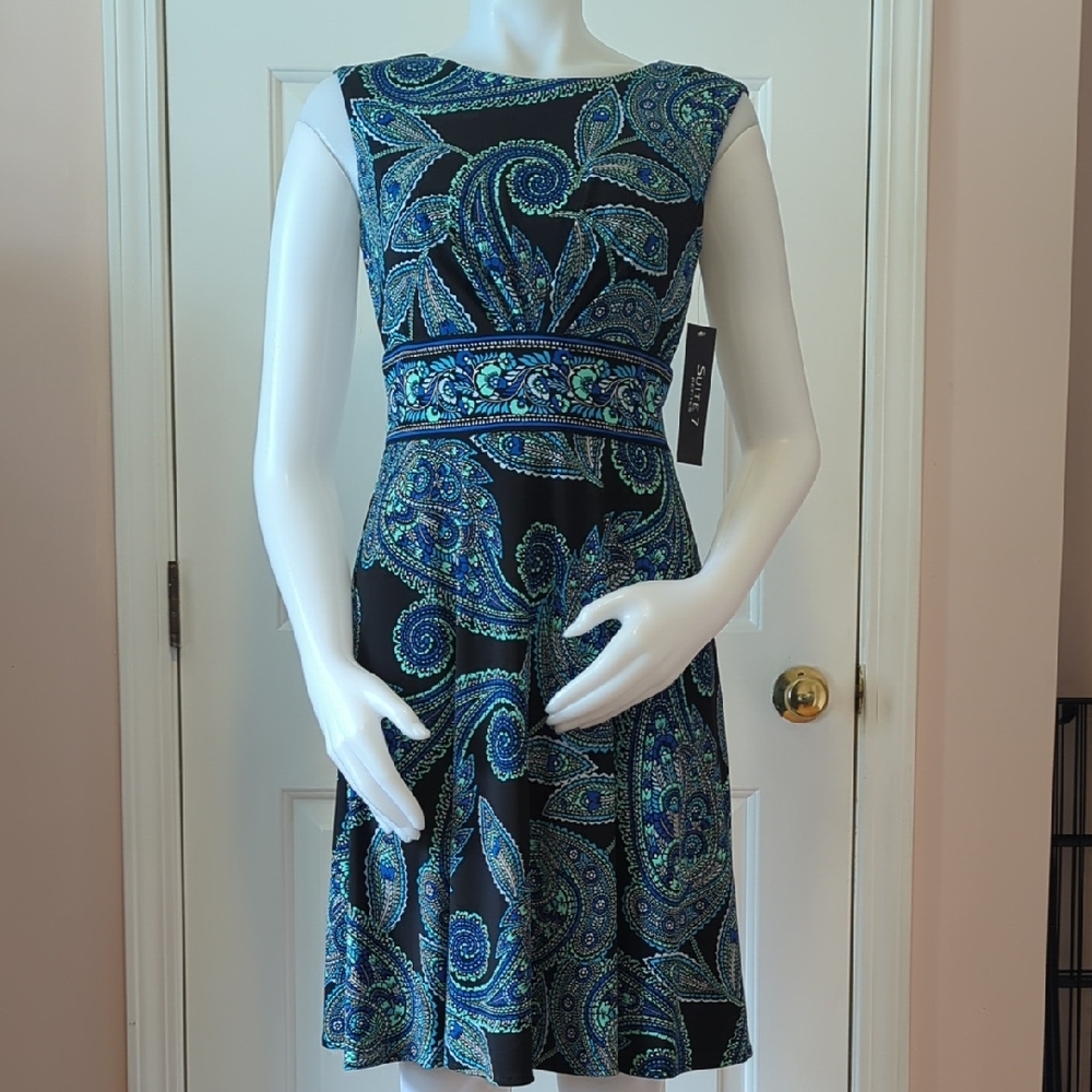 Suite 7 Black And Blue Patterned Sleeveless Dress Size 6P